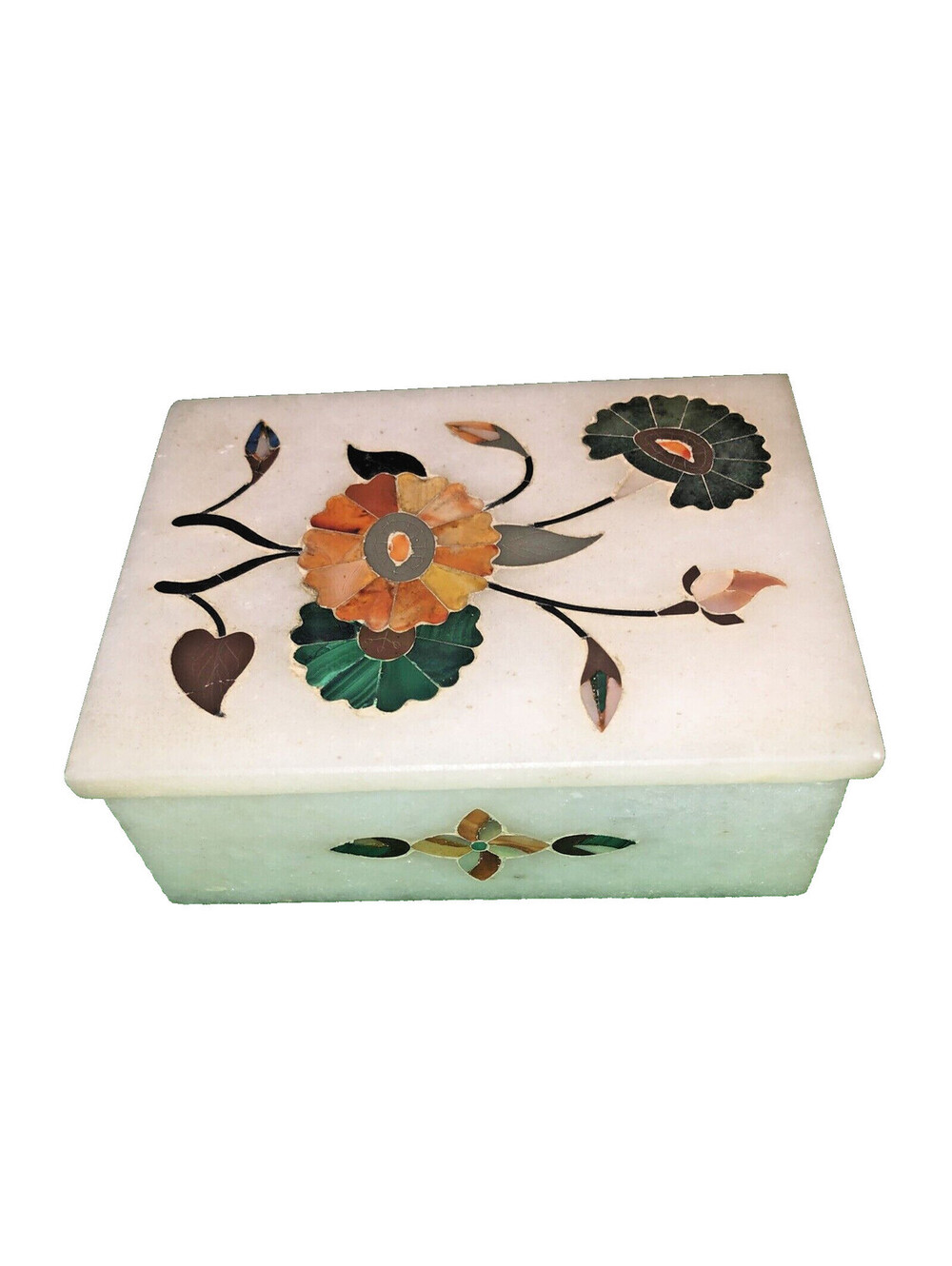 White Marble Brooches Box Semi Precious Stone Inlaid Jewelry Trinket Vanity Gift